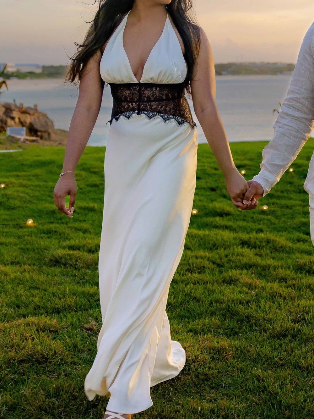 Meshki White Halter Maxi Dress with Black Lace Waist